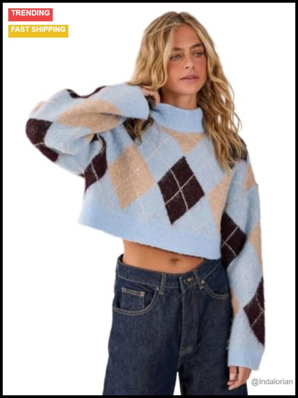 Brushed Argyle Turtleneck Boxy Cropped Jumper Long Sleeve Fall Pullover